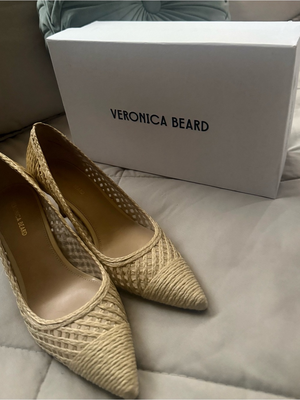 Veronica Beard Beige Woven Pointed-Toe Kitten Heel Pumps - Picture 3 of 3